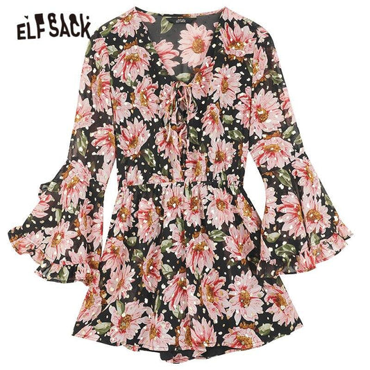 Floral Print Casual Women Vintage Dress,Summer Ruffle Full Sleeve