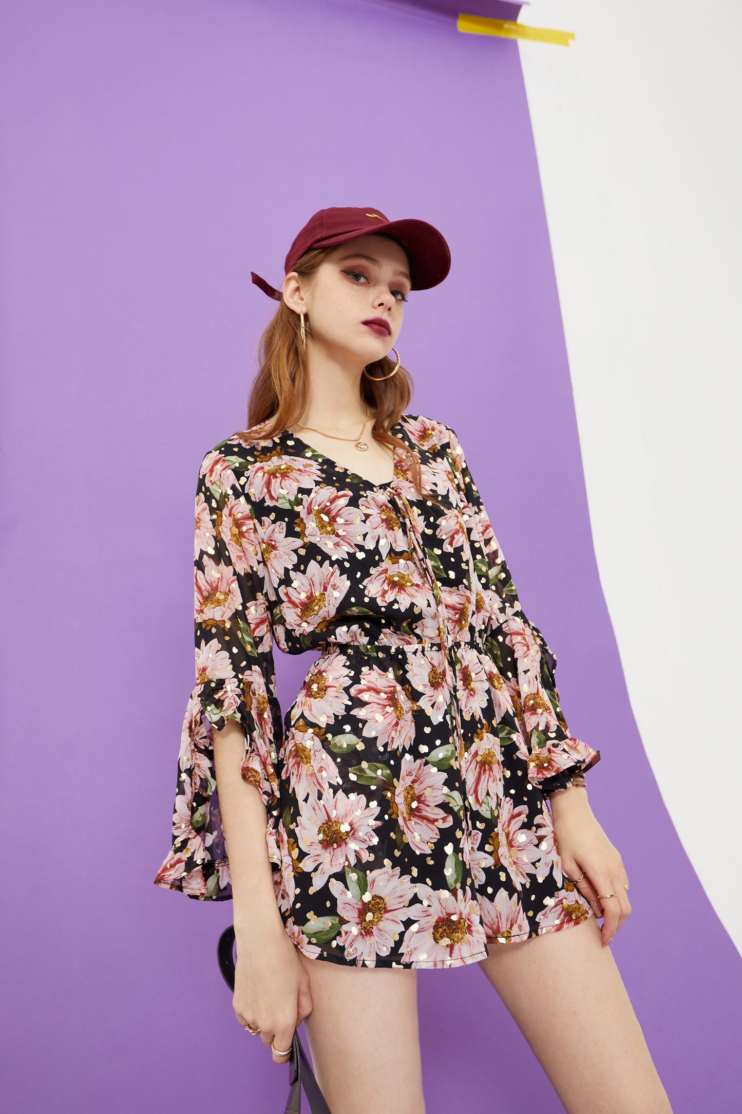 Floral Print Casual Women Vintage Dress,Summer Ruffle Full Sleeve