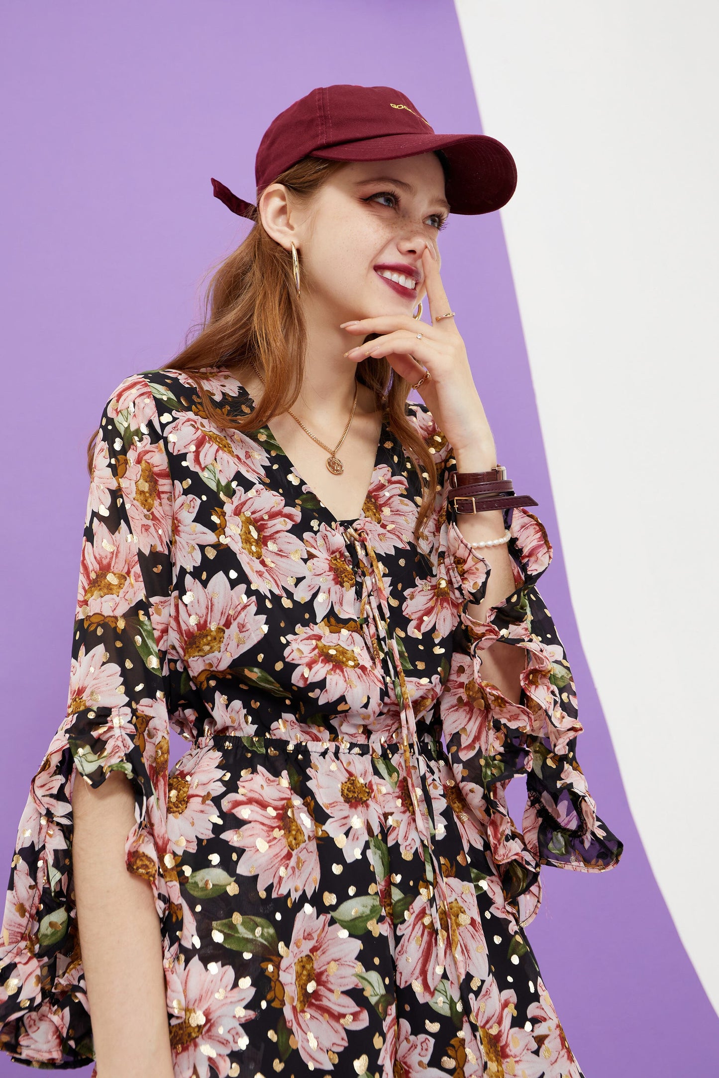 Floral Print Casual Women Vintage Dress,Summer Ruffle Full Sleeve