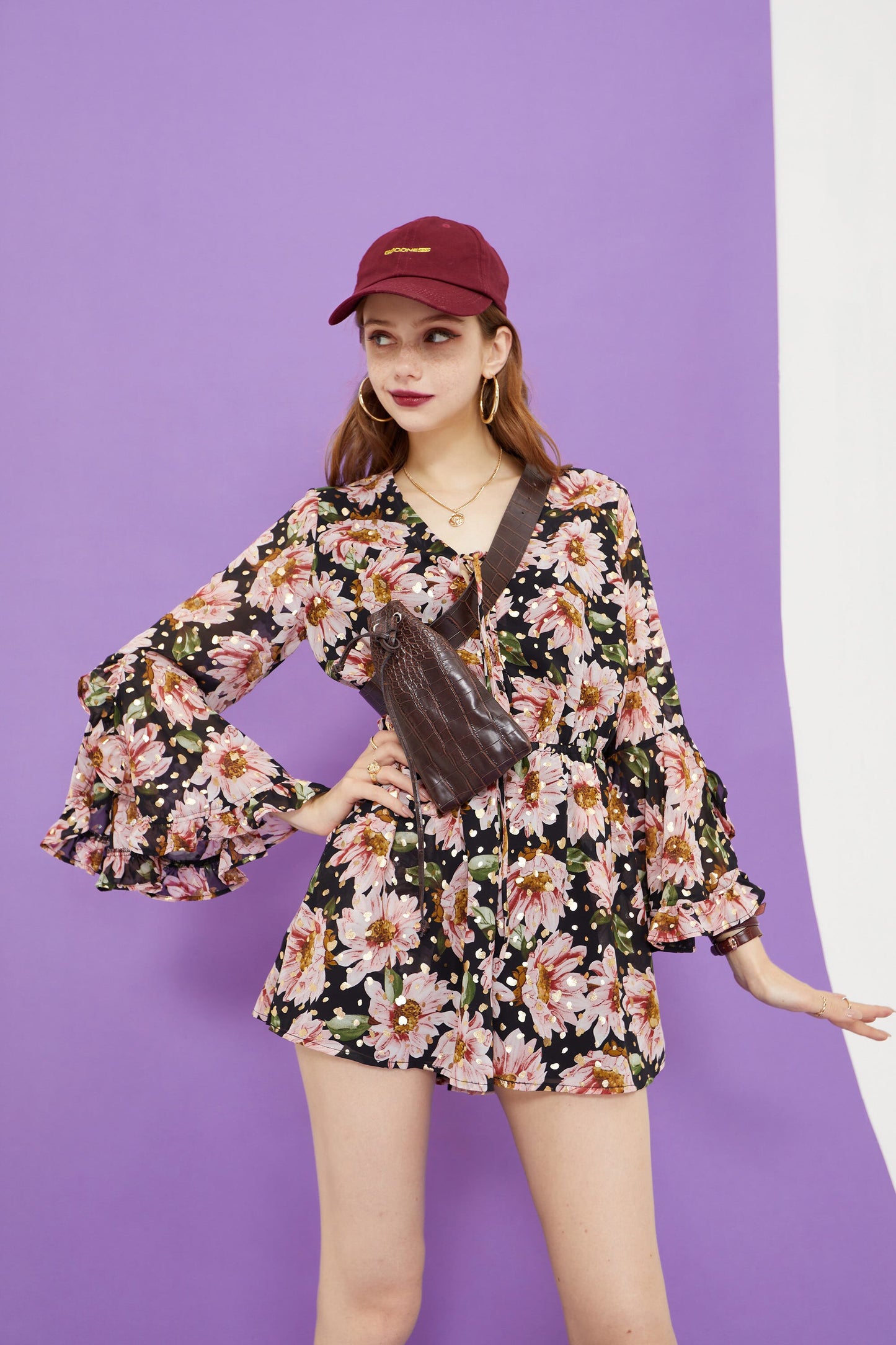 Floral Print Casual Women Vintage Dress,Summer Ruffle Full Sleeve
