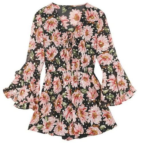 Floral Print Casual Women Vintage Dress,Summer Ruffle Full Sleeve