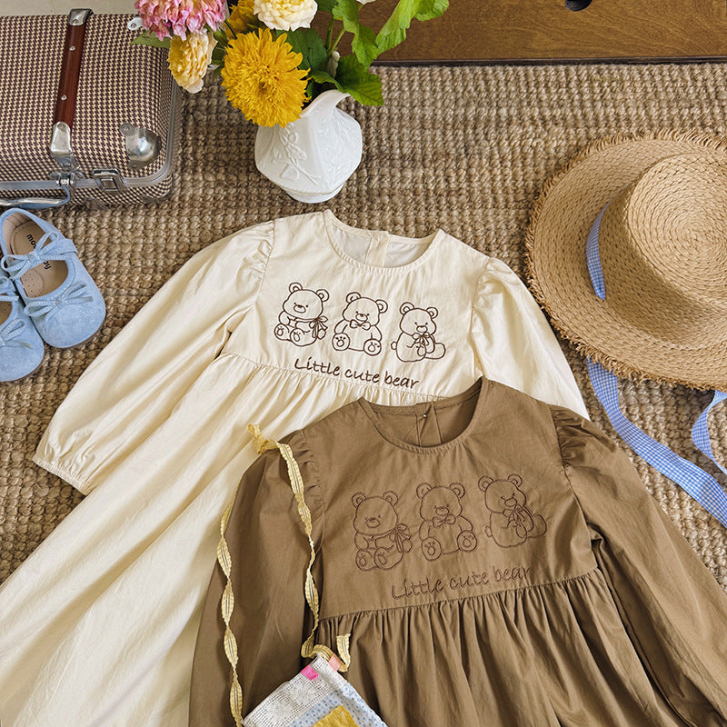 Baby Kids Girls Teddy Bear and Letters Pattern Long Sleeves Crew Neck