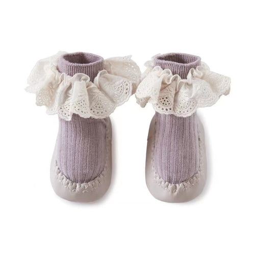 Baby Girl Ribbed Knitted Graphic Lace Design Non-Slip Mid Tube Shoes