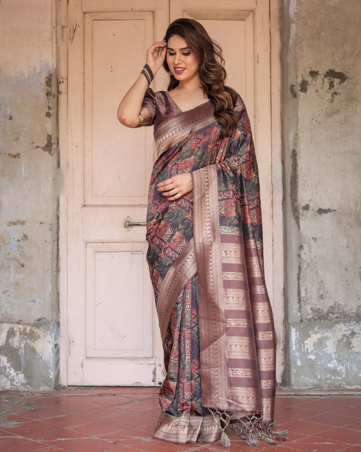 Rich Chocolate Banarasi Silk Saree with Geometric Print and Zari