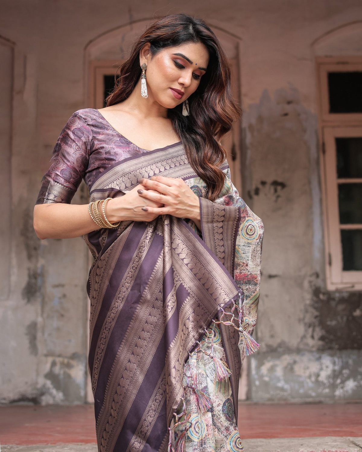 Regal Purple Banarasi Silk Saree with Digital Print and Ornate Border