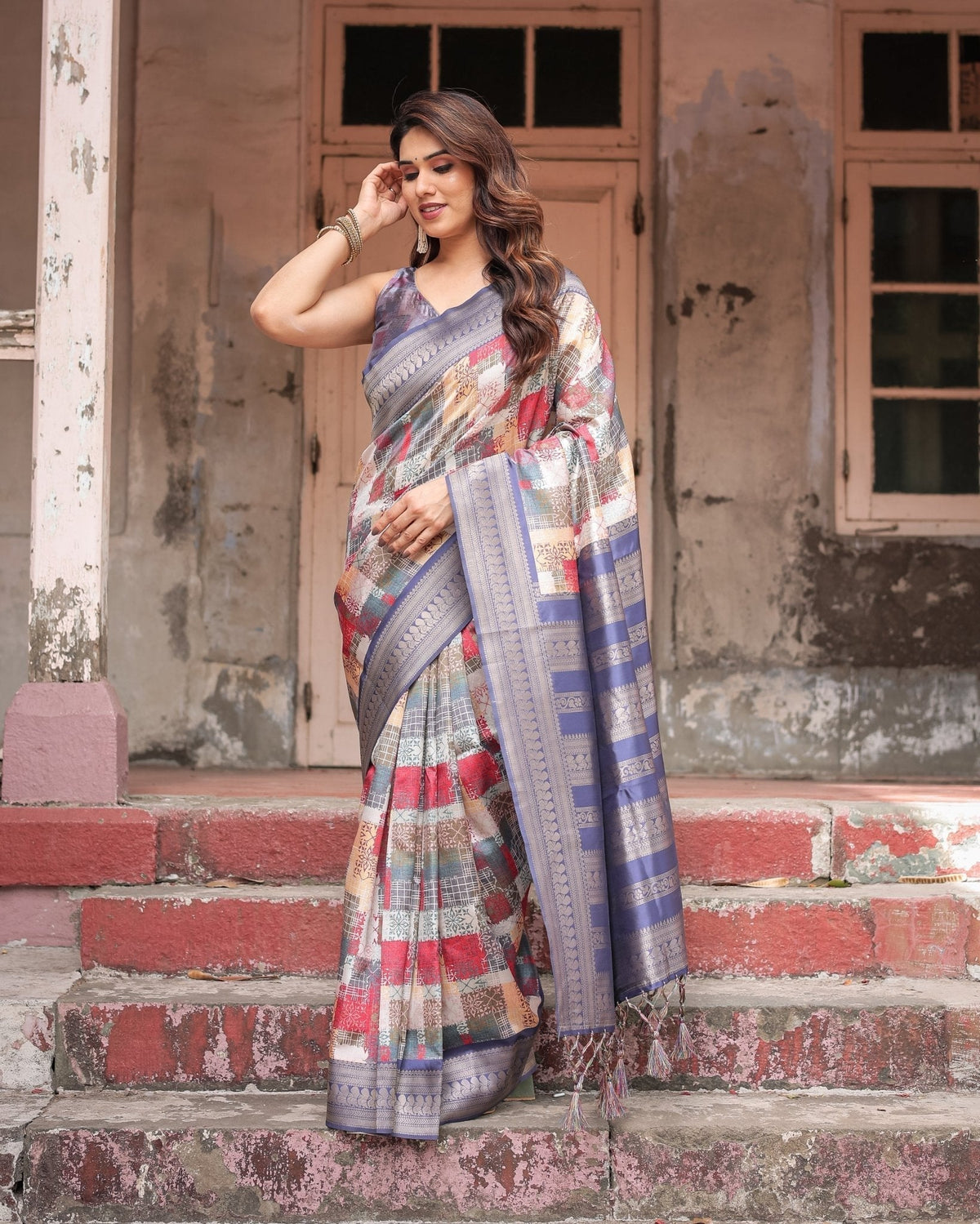 Multicolor Banarasi Silk Saree with Abstract Checkered Print &