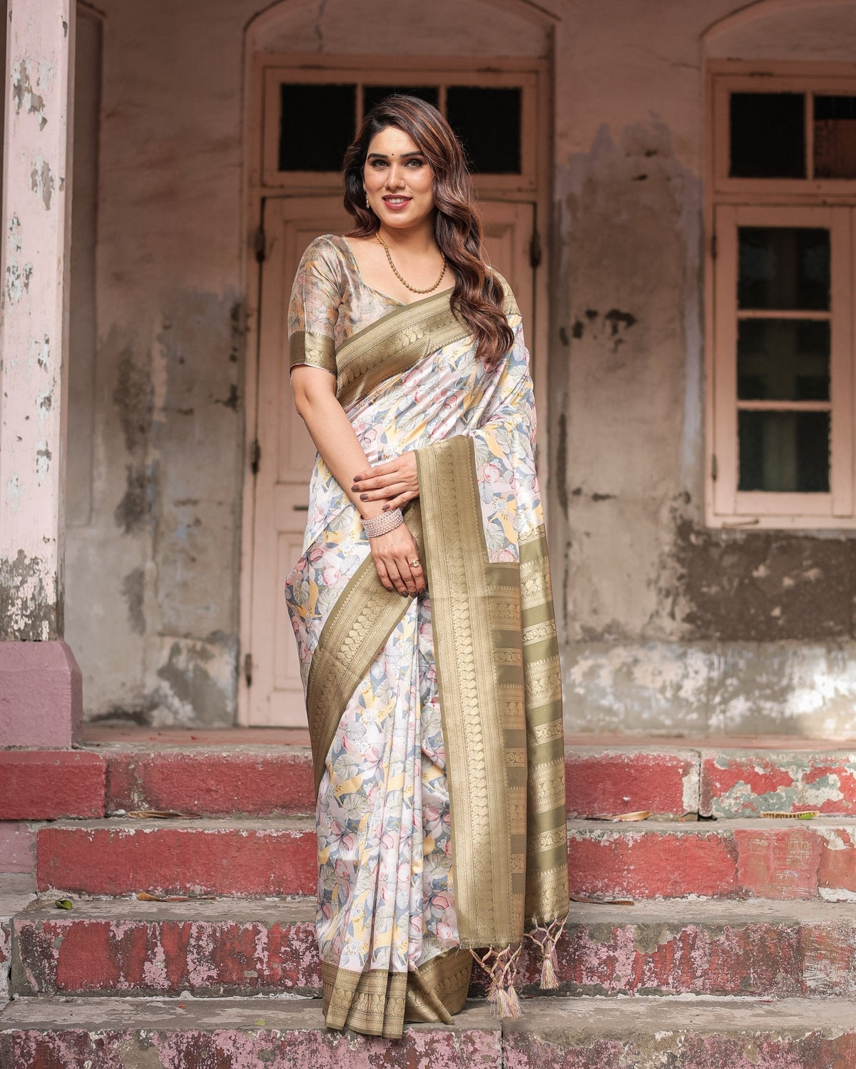 Ivory Banarasi Silk Saree with Gold Zari Border and Multicolor Floral