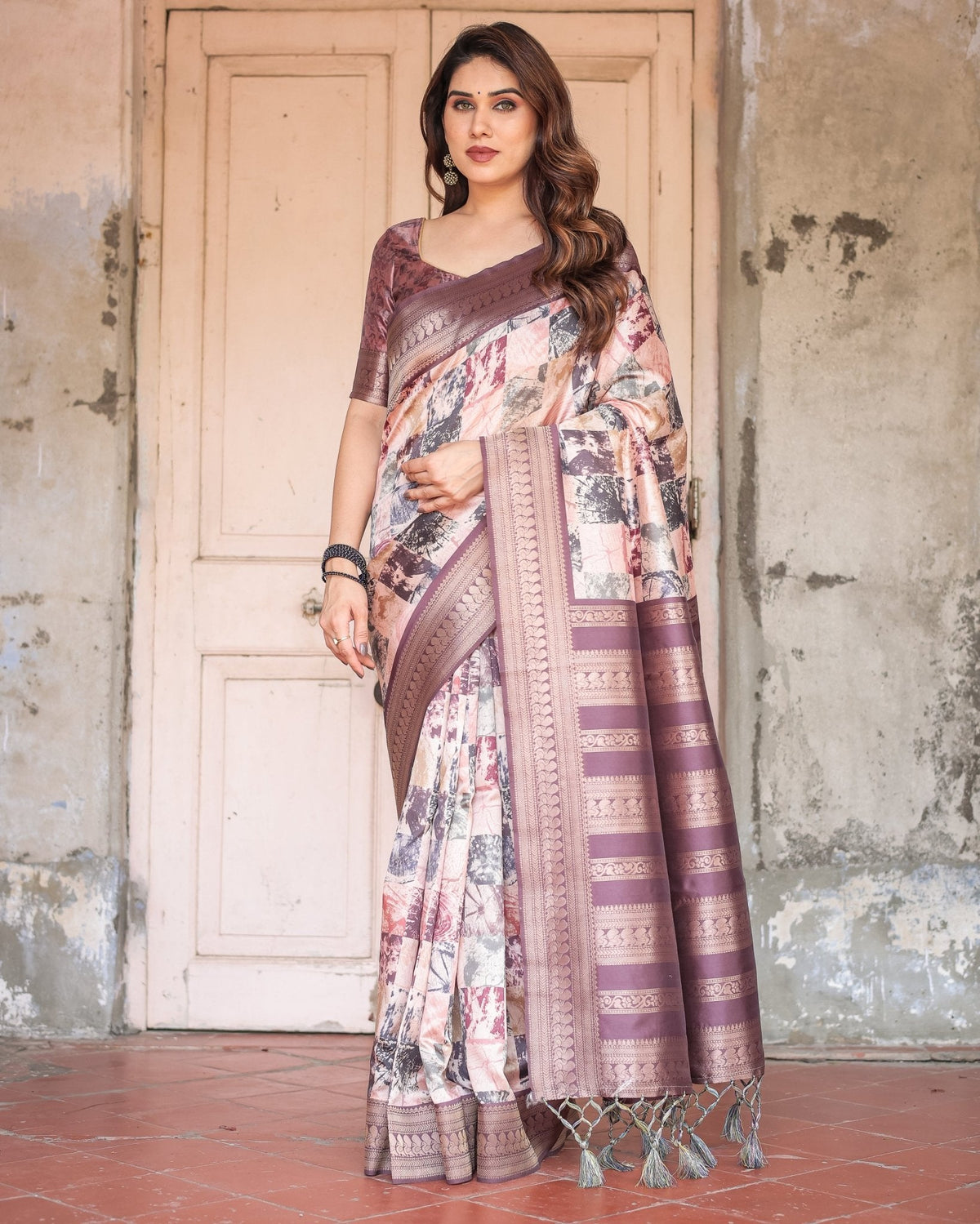 Mauve Banarasi Silk Saree with Abstract Checkered Digital Print & Zari