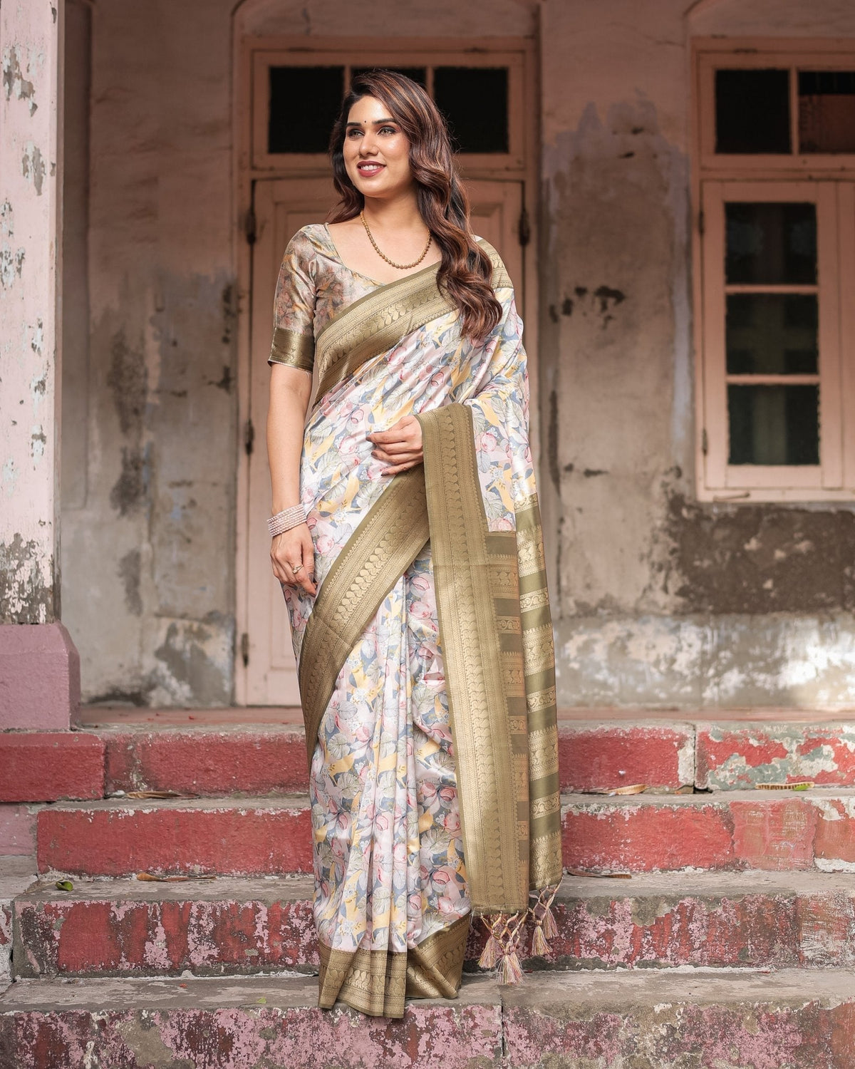 Ivory Banarasi Silk Saree with Gold Zari Border and Multicolor Floral
