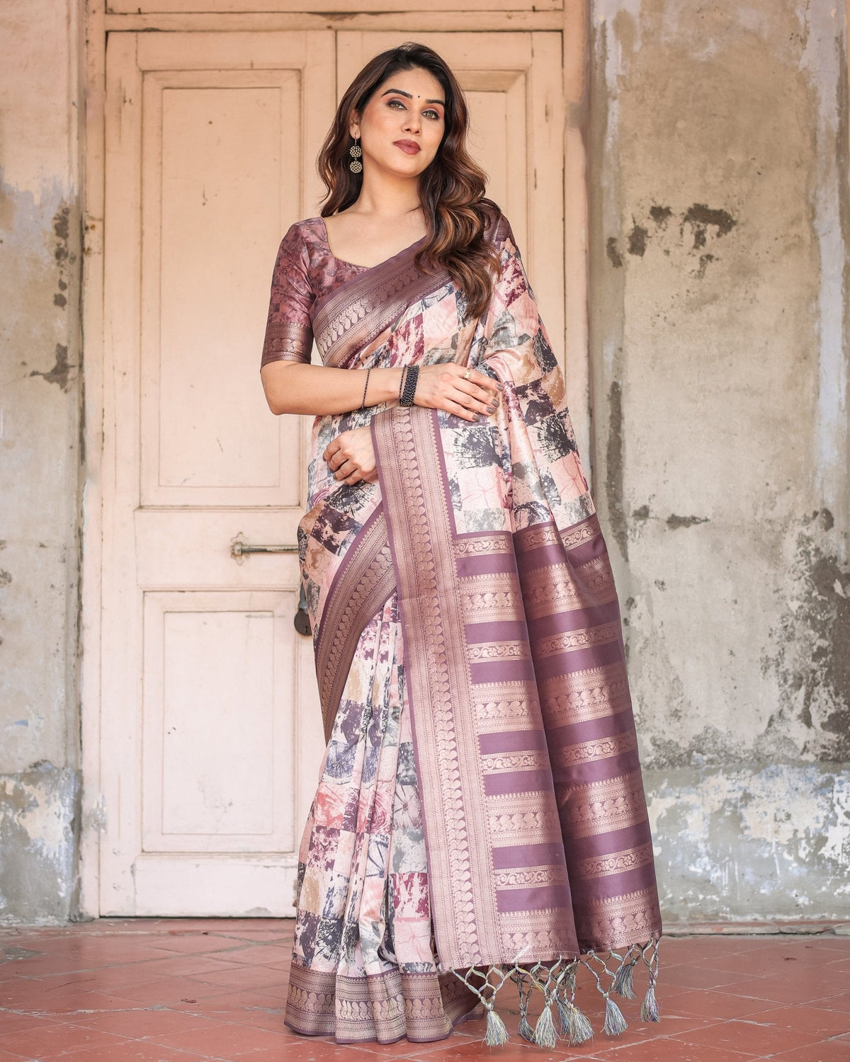 Mauve Banarasi Silk Saree with Abstract Checkered Digital Print & Zari