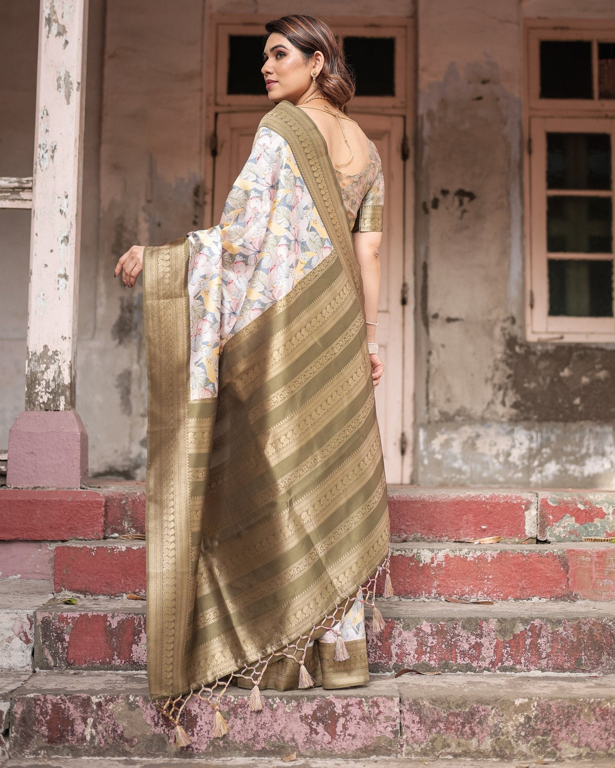 Ivory Banarasi Silk Saree with Gold Zari Border and Multicolor Floral