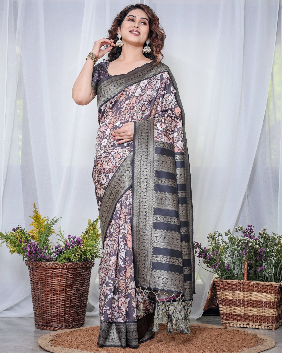Exquisite Black and Pink Floral Banarasi Silk Saree with Intricate