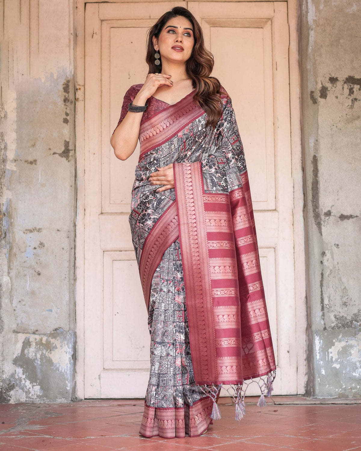Black and Red Banarasi Silk Saree with Geometric Print and Rich Zari