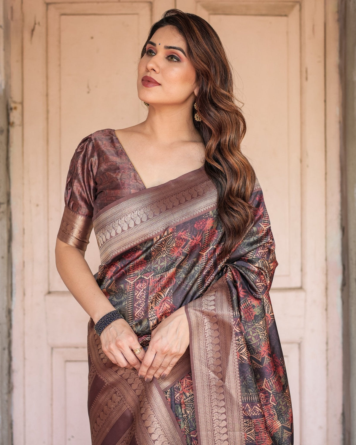 Rich Chocolate Banarasi Silk Saree with Geometric Print and Zari