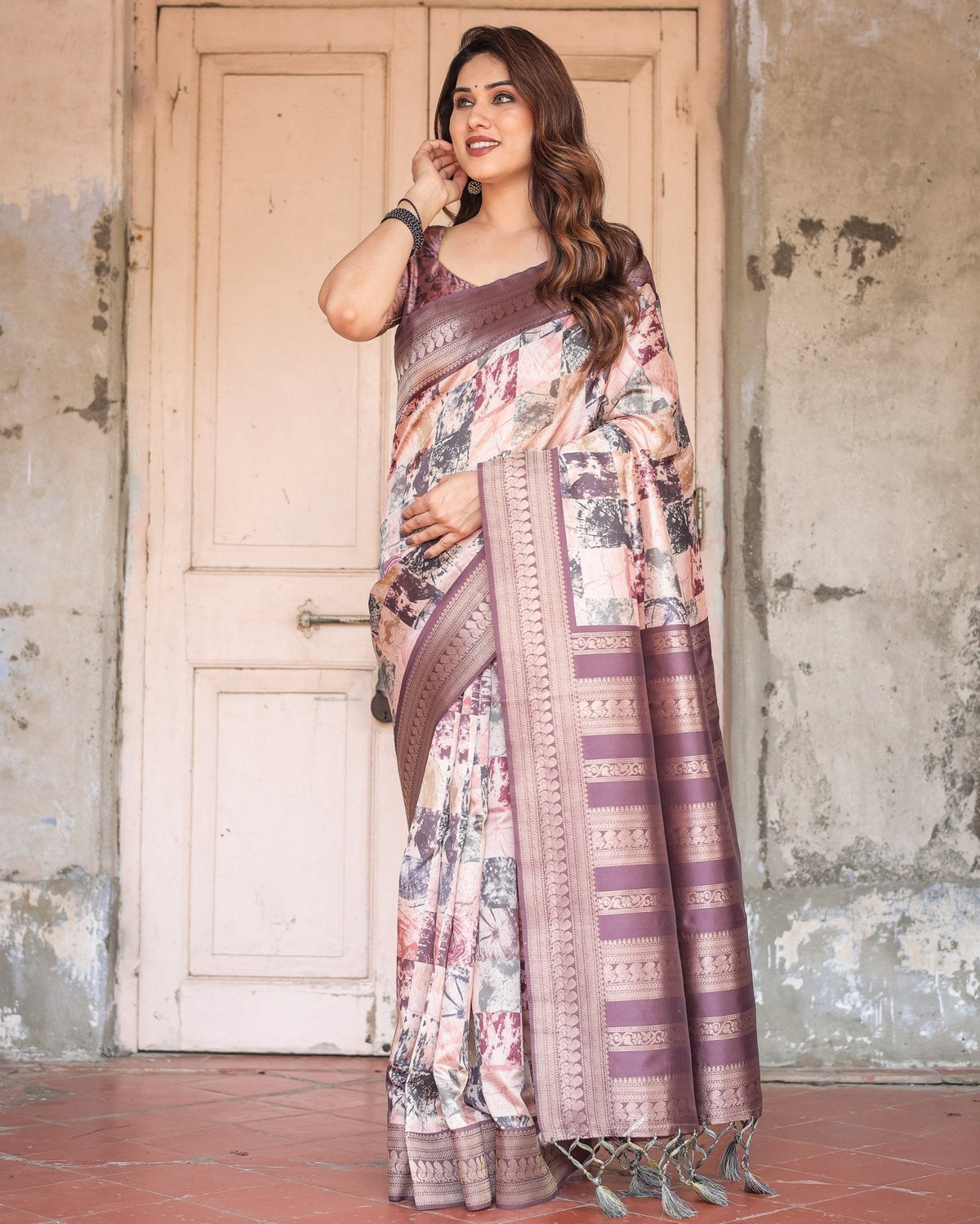 Mauve Banarasi Silk Saree with Abstract Checkered Digital Print & Zari