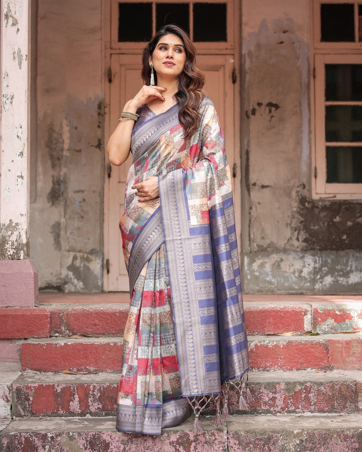 Multicolor Banarasi Silk Saree with Abstract Checkered Print &