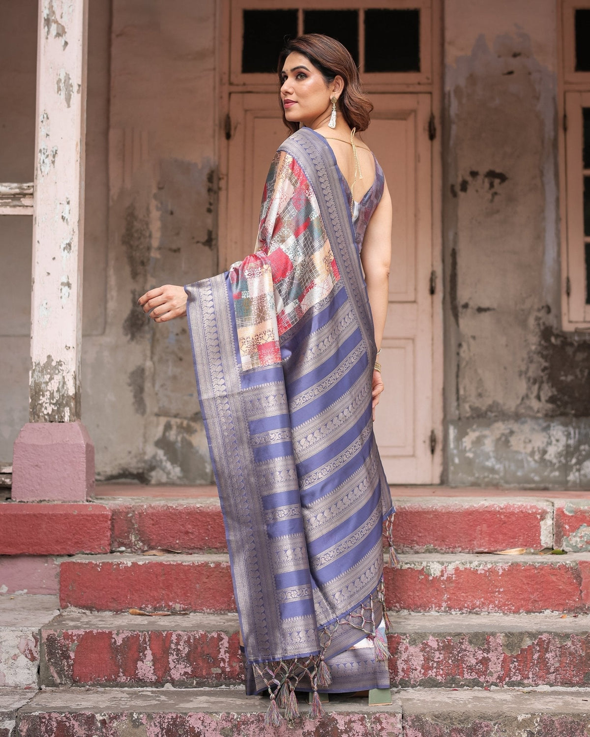 Multicolor Banarasi Silk Saree with Abstract Checkered Print &