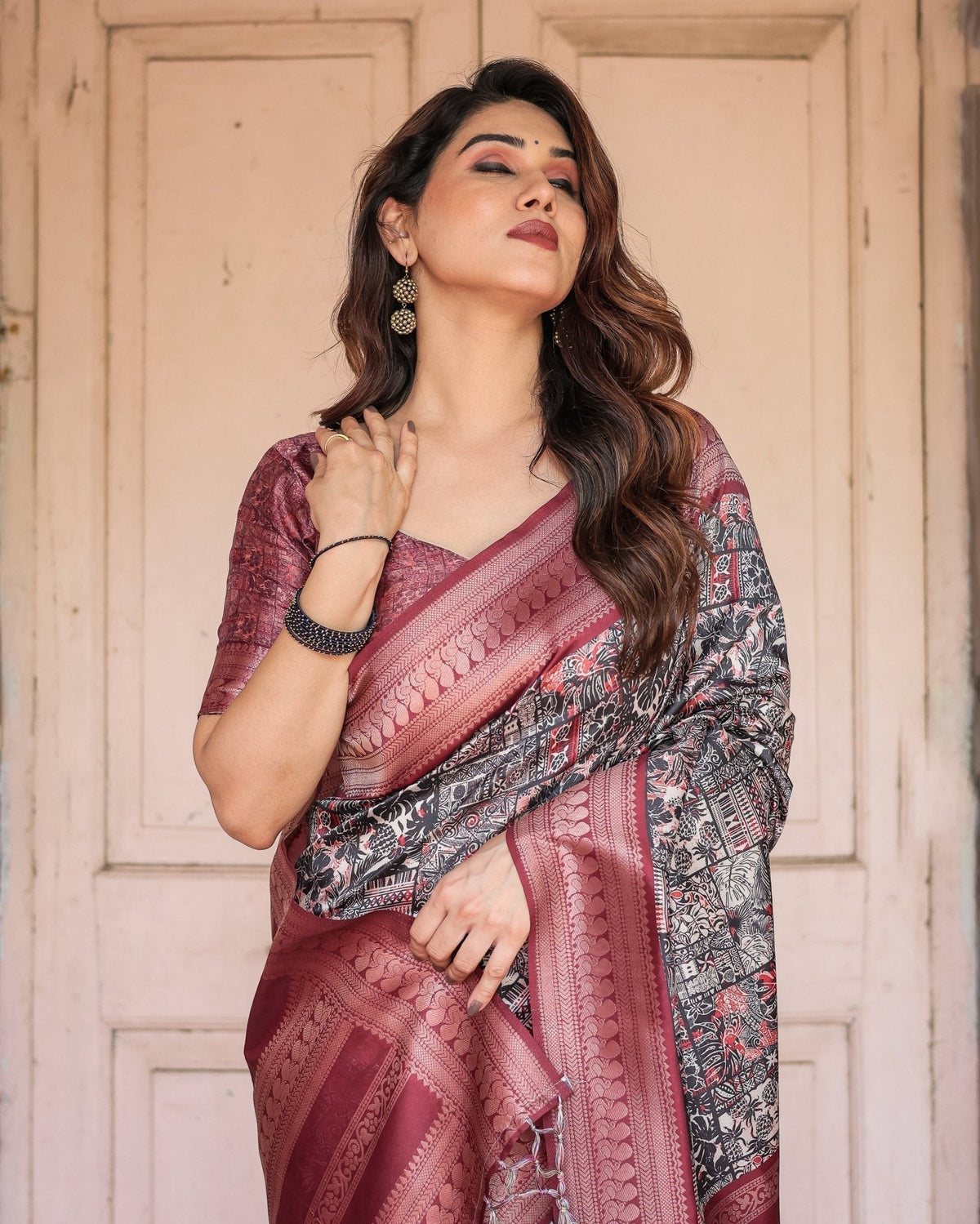 Black and Red Banarasi Silk Saree with Geometric Print and Rich Zari
