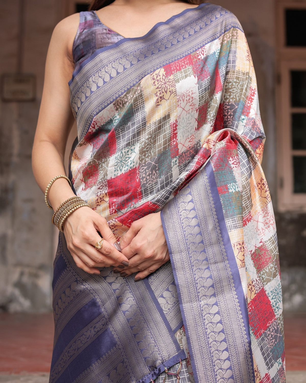 Multicolor Banarasi Silk Saree with Abstract Checkered Print &