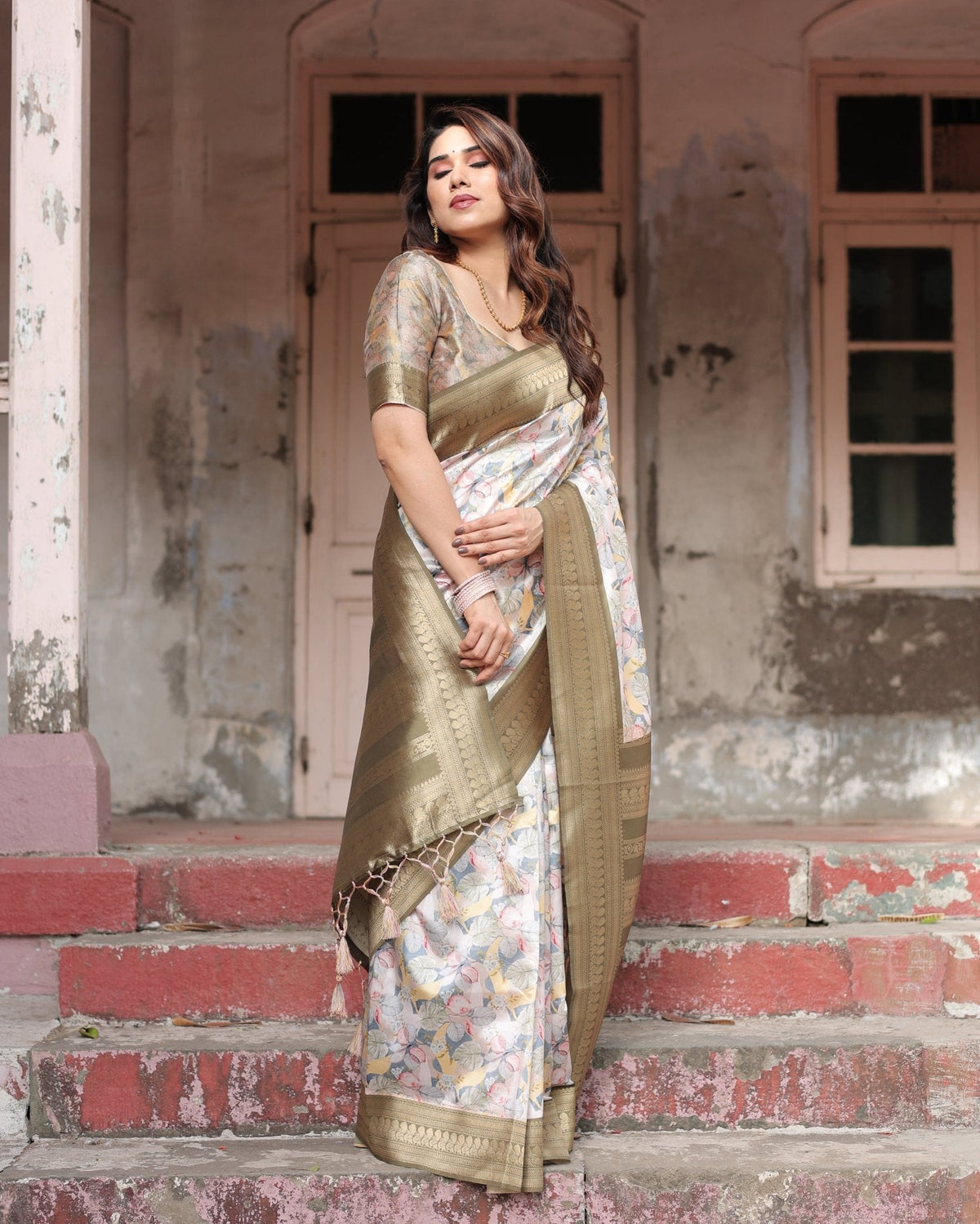 Ivory Banarasi Silk Saree with Gold Zari Border and Multicolor Floral
