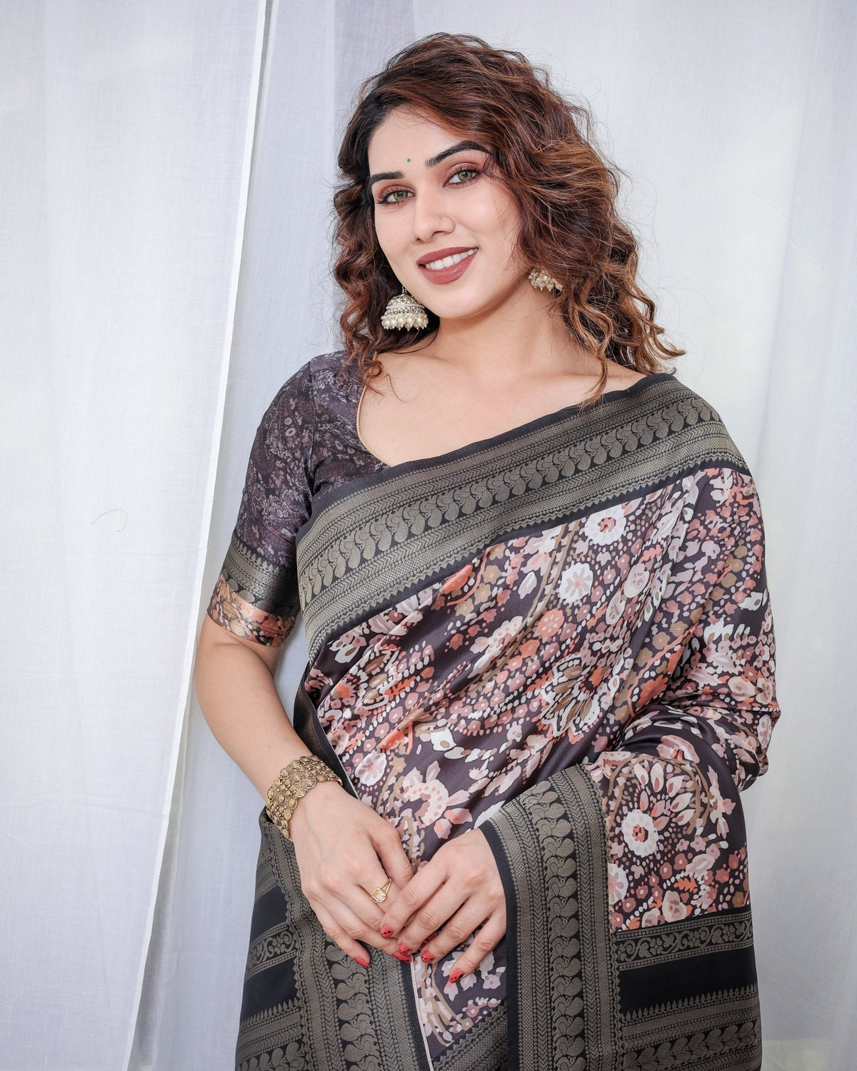 Exquisite Black and Pink Floral Banarasi Silk Saree with Intricate