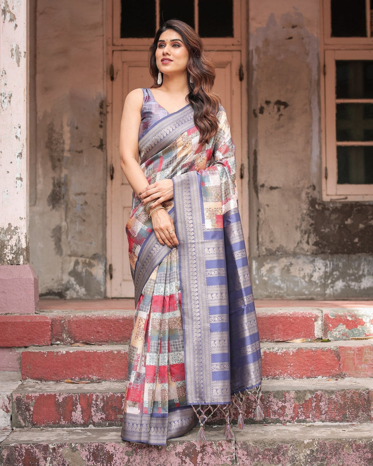 Multicolor Banarasi Silk Saree with Abstract Checkered Print &
