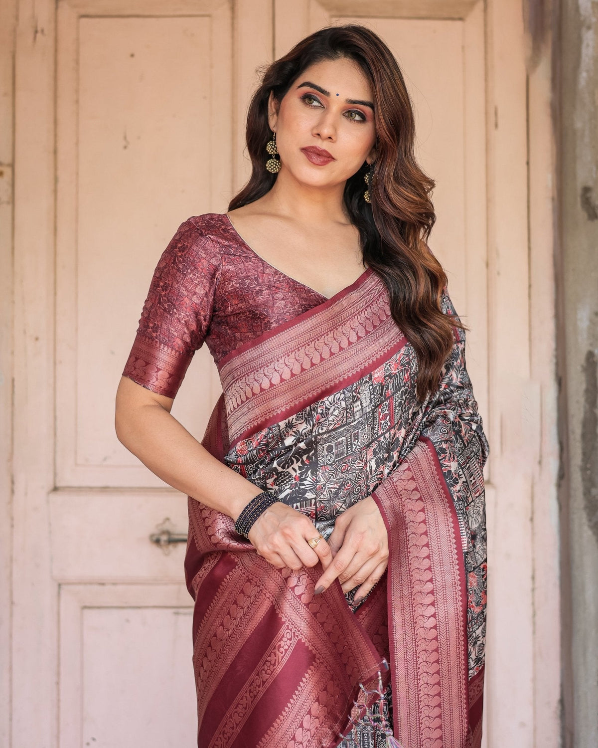Black and Red Banarasi Silk Saree with Geometric Print and Rich Zari