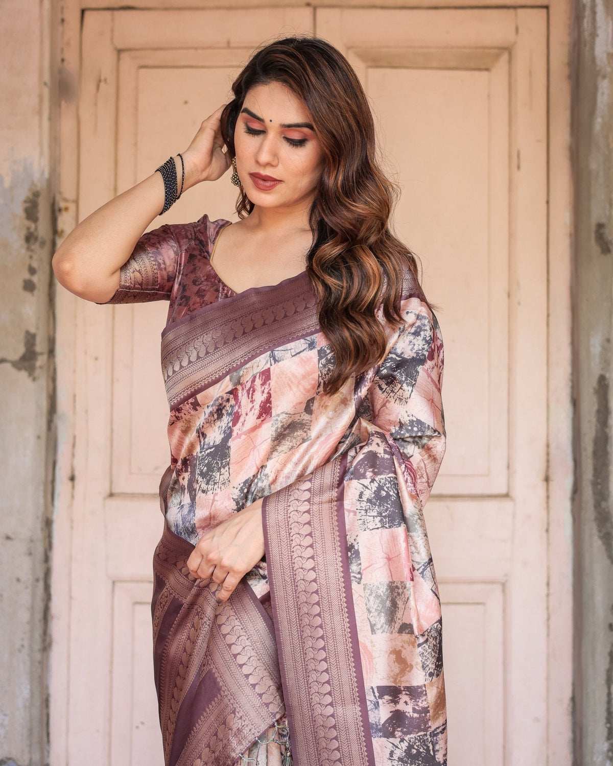 Mauve Banarasi Silk Saree with Abstract Checkered Digital Print & Zari