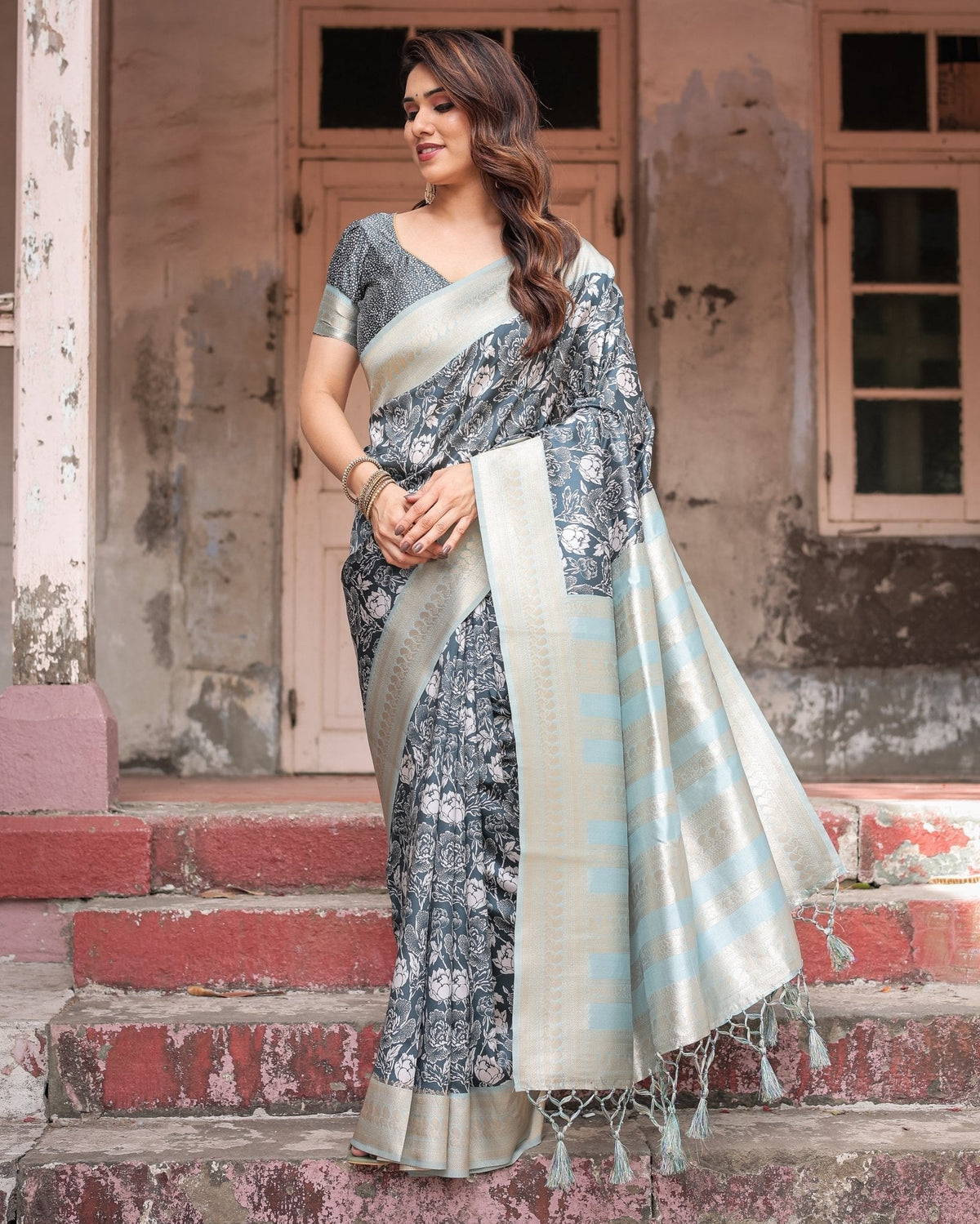 Sophisticated Floral Banarasi Silk Saree with Light Blue Zari Border