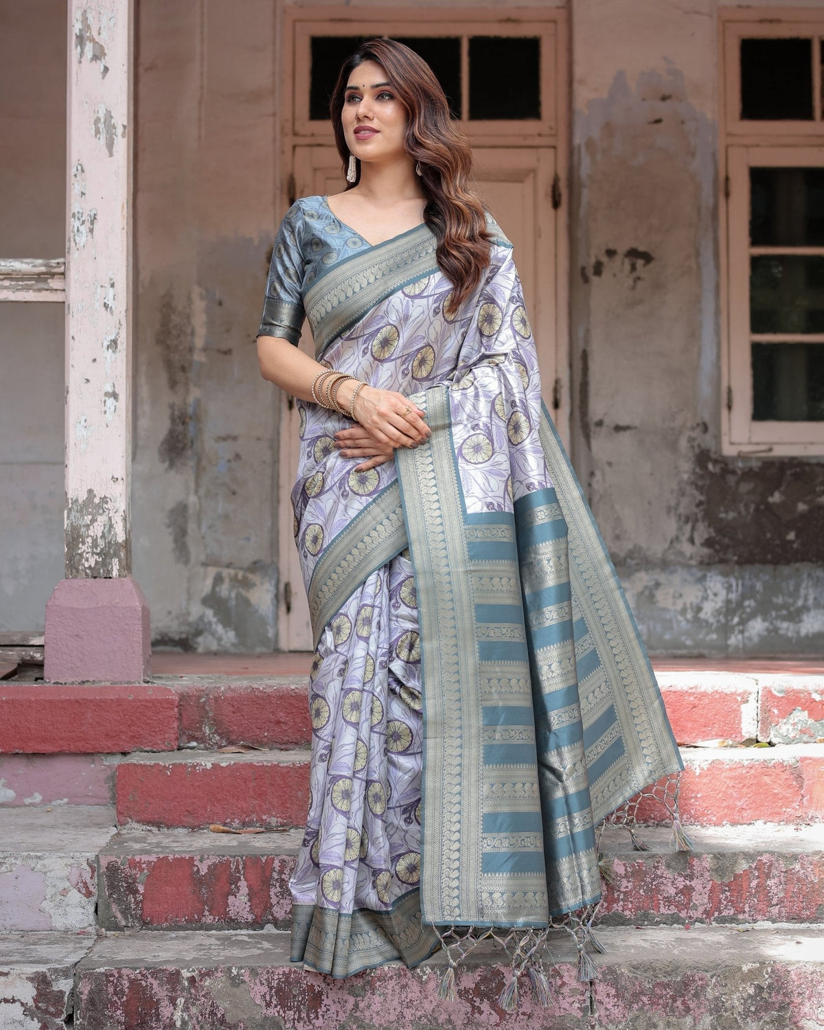 Sophisticated Lilac Banarasi Silk Saree with Floral Prints and Zari