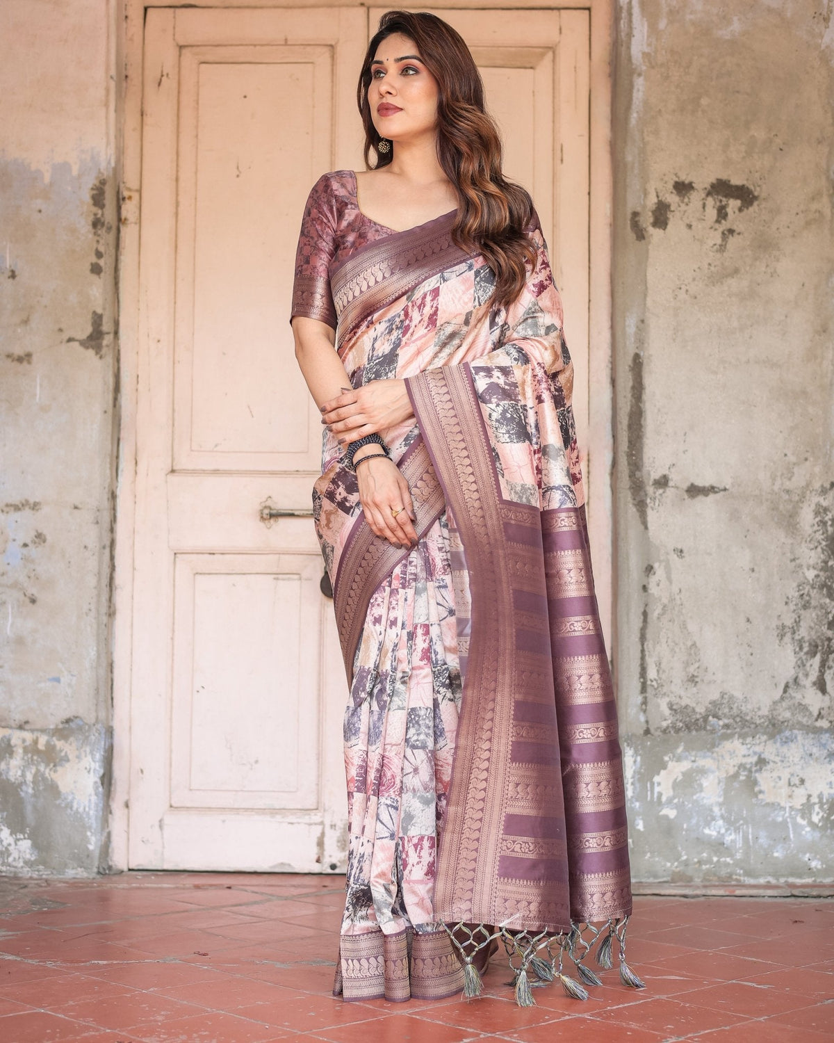 Mauve Banarasi Silk Saree with Abstract Checkered Digital Print & Zari