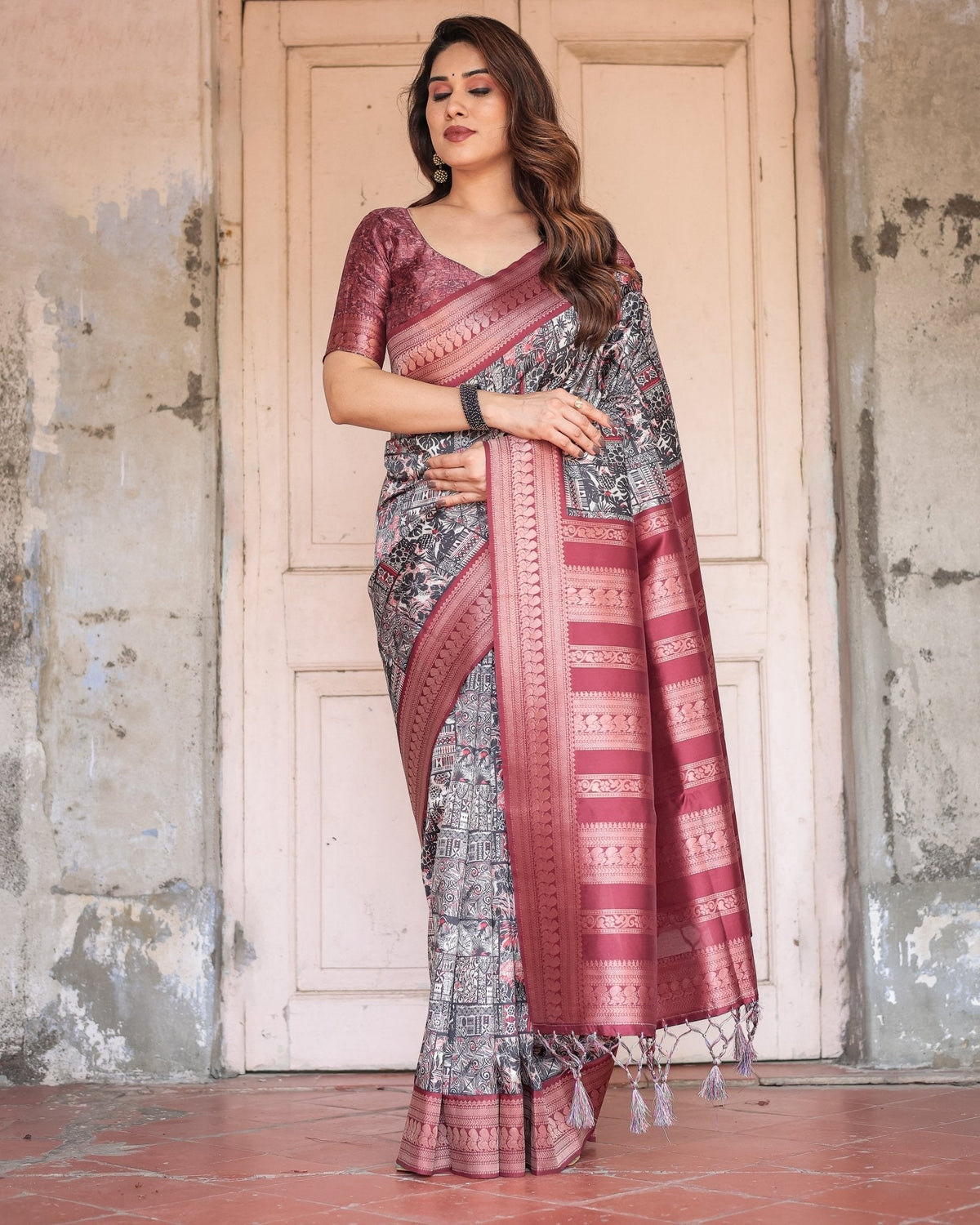 Black and Red Banarasi Silk Saree with Geometric Print and Rich Zari