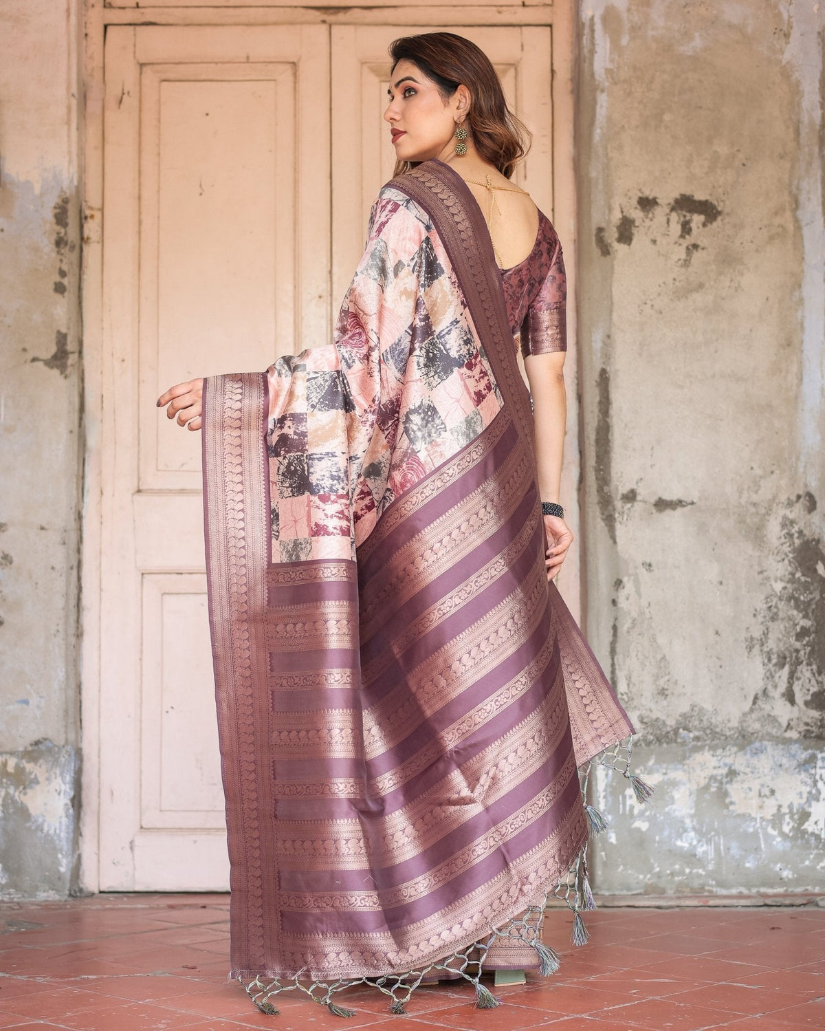 Mauve Banarasi Silk Saree with Abstract Checkered Digital Print & Zari
