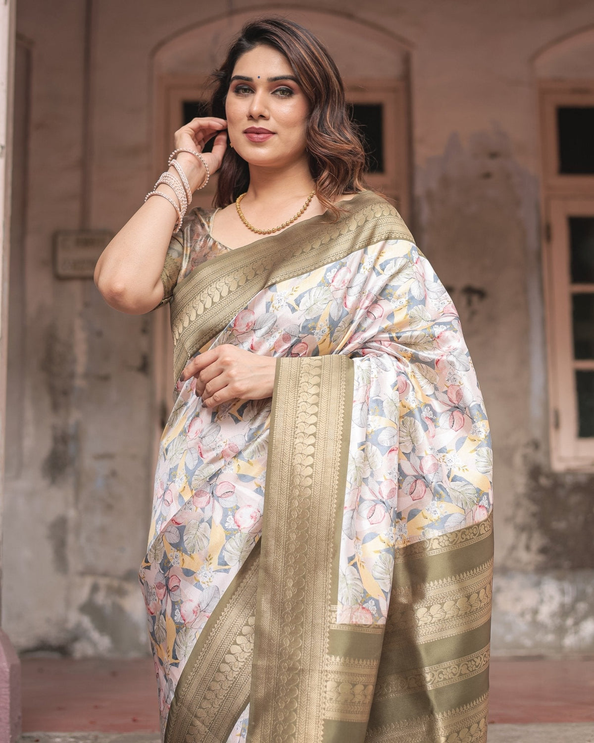 Ivory Banarasi Silk Saree with Gold Zari Border and Multicolor Floral