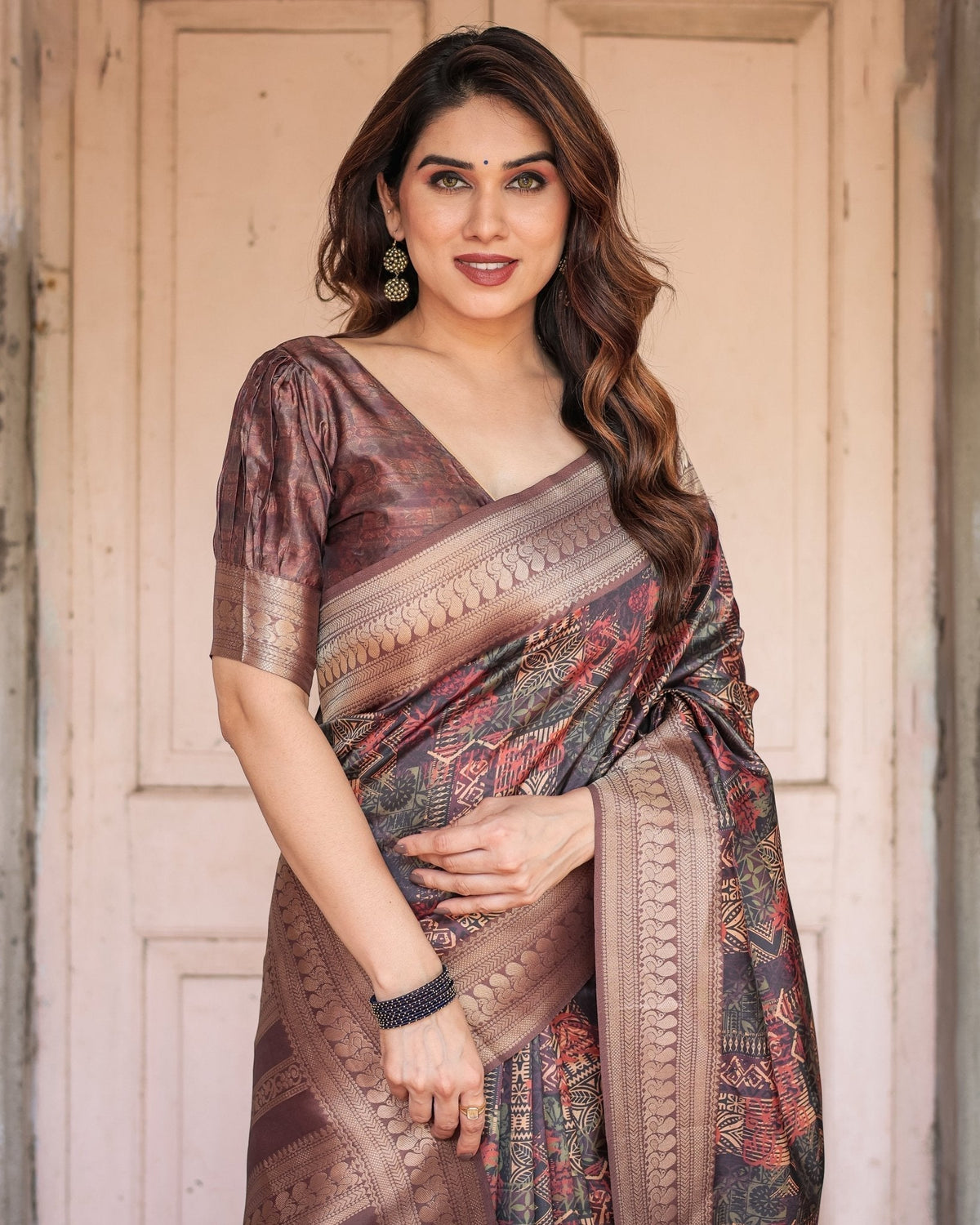 Rich Chocolate Banarasi Silk Saree with Geometric Print and Zari