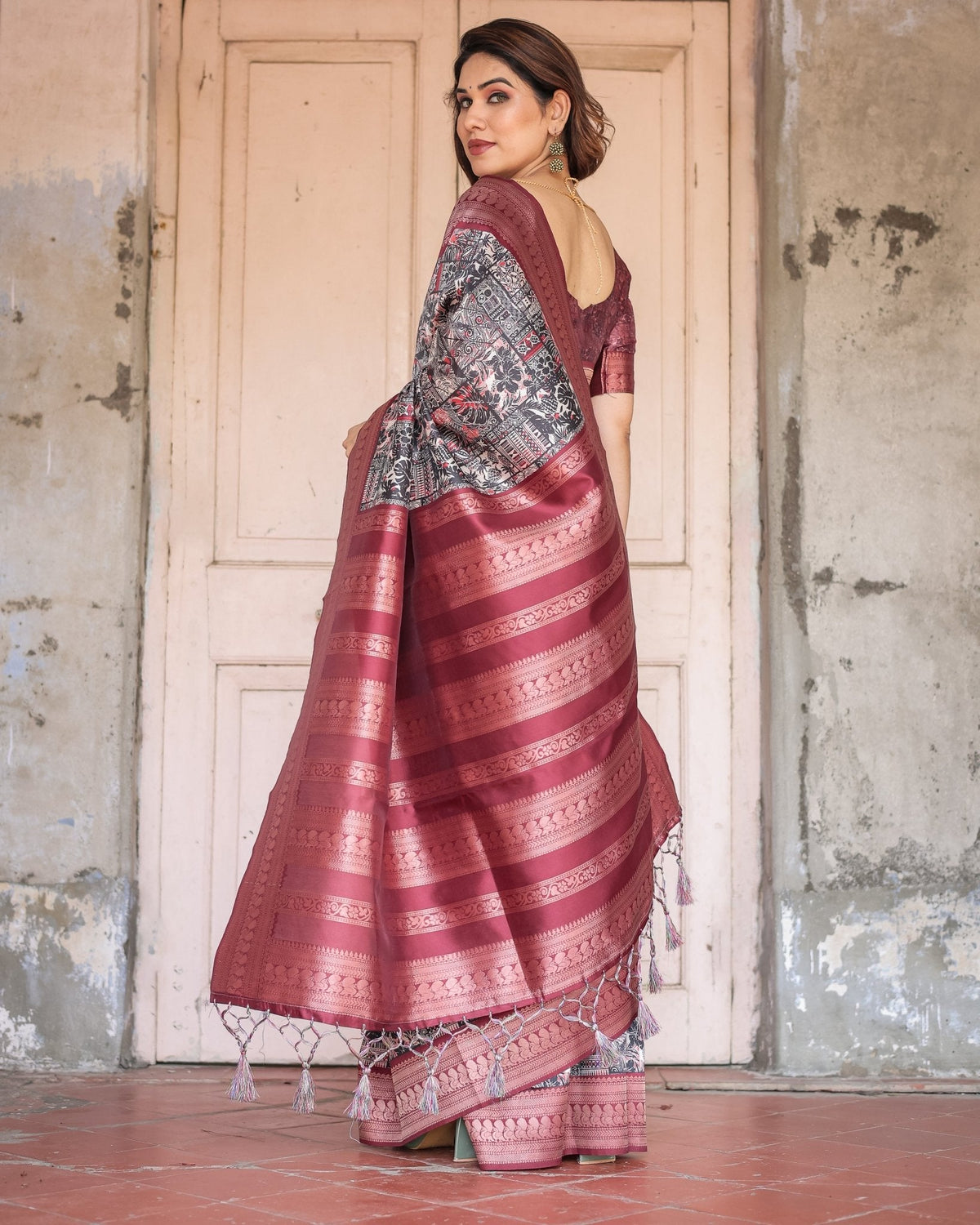 Black and Red Banarasi Silk Saree with Geometric Print and Rich Zari