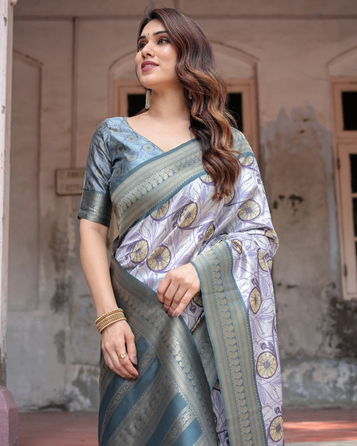 Sophisticated Lilac Banarasi Silk Saree with Floral Prints and Zari