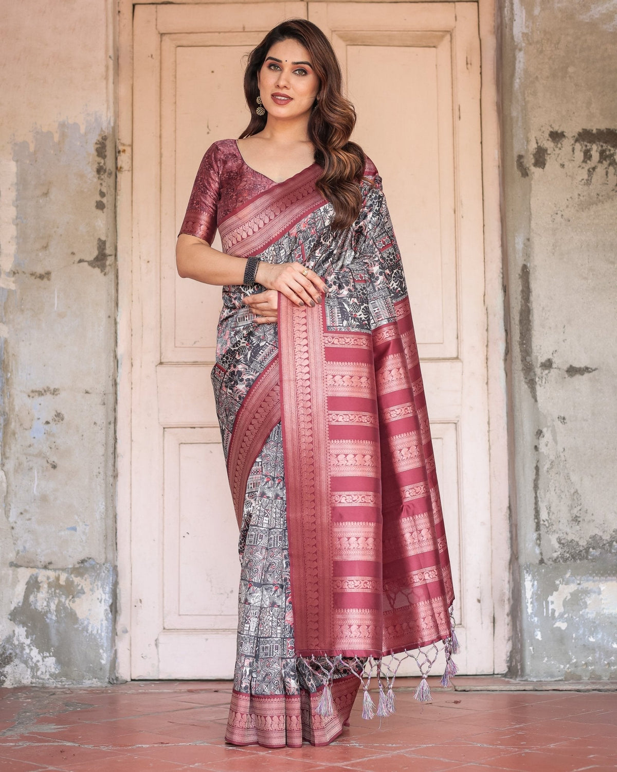 Black and Red Banarasi Silk Saree with Geometric Print and Rich Zari