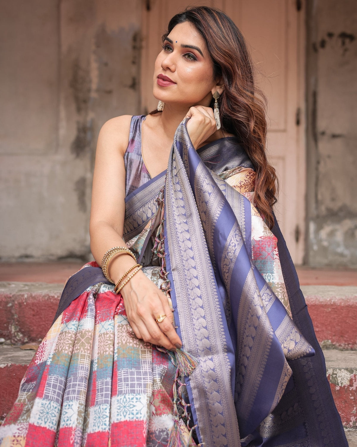 Multicolor Banarasi Silk Saree with Abstract Checkered Print &