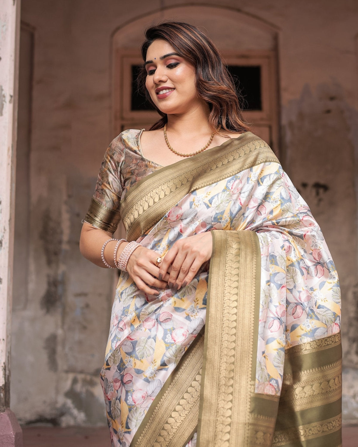 Ivory Banarasi Silk Saree with Gold Zari Border and Multicolor Floral