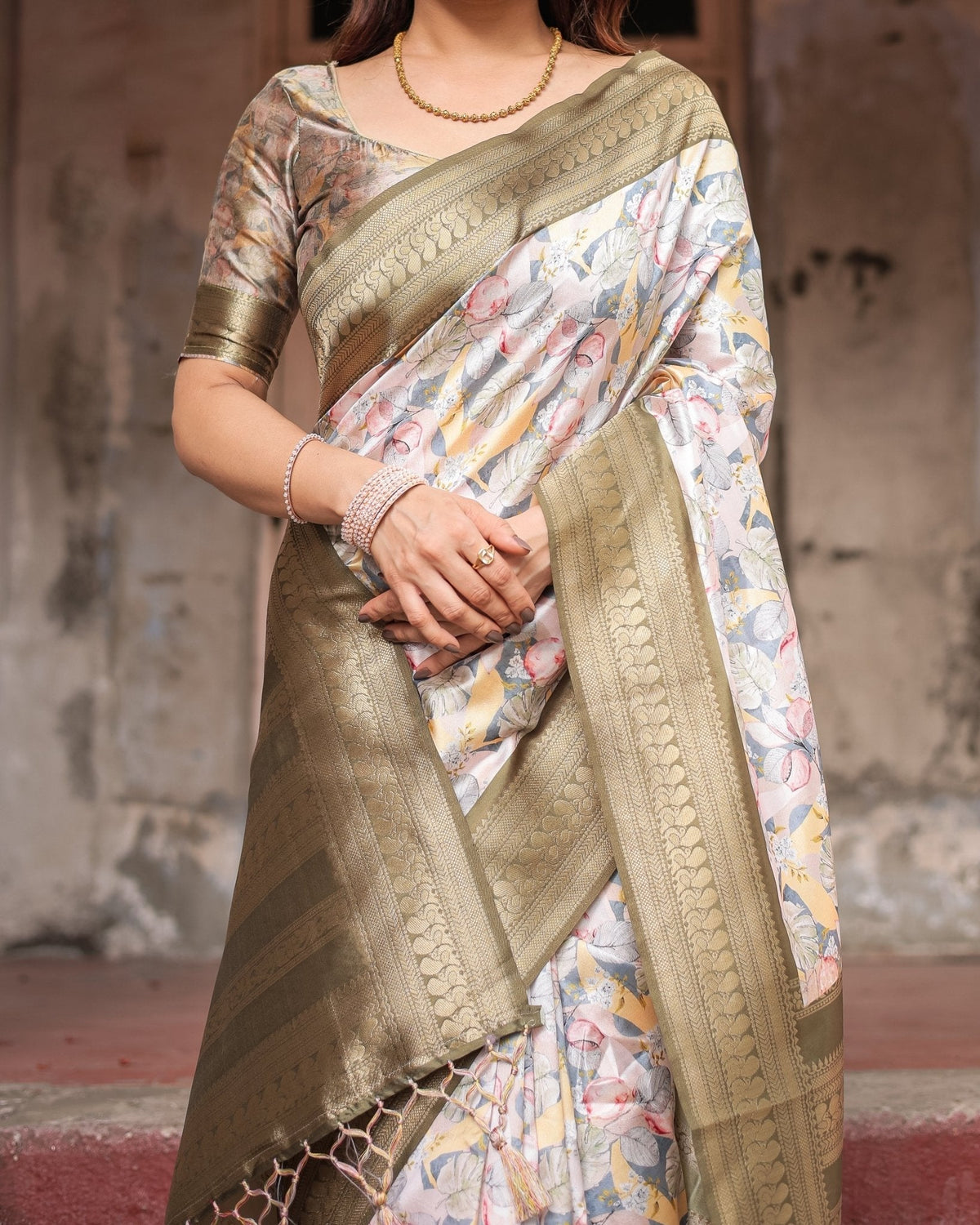 Ivory Banarasi Silk Saree with Gold Zari Border and Multicolor Floral