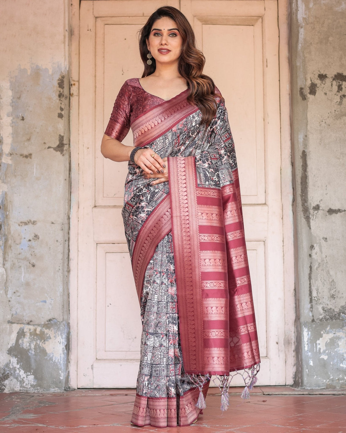 Black and Red Banarasi Silk Saree with Geometric Print and Rich Zari