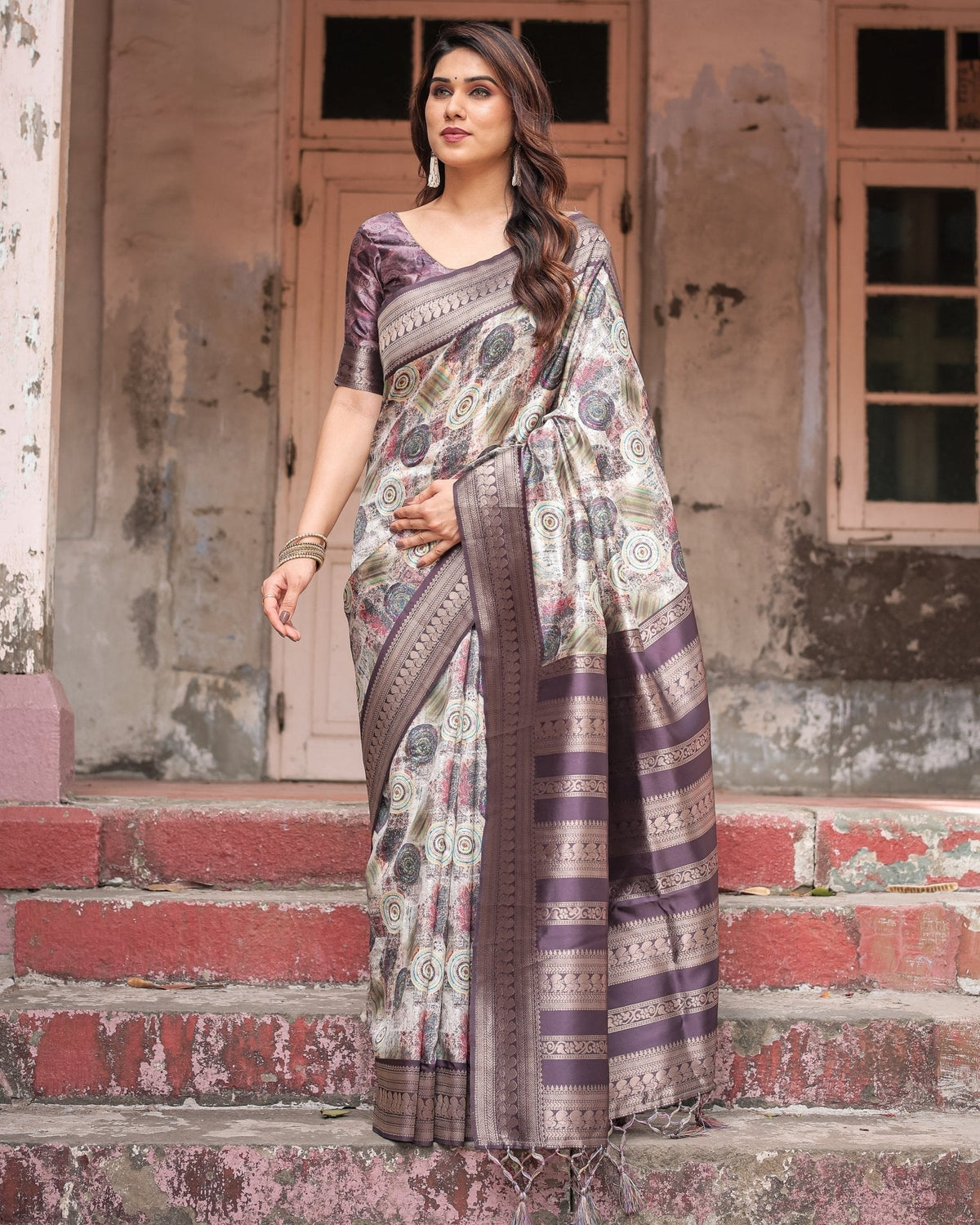 Regal Purple Banarasi Silk Saree with Digital Print and Ornate Border