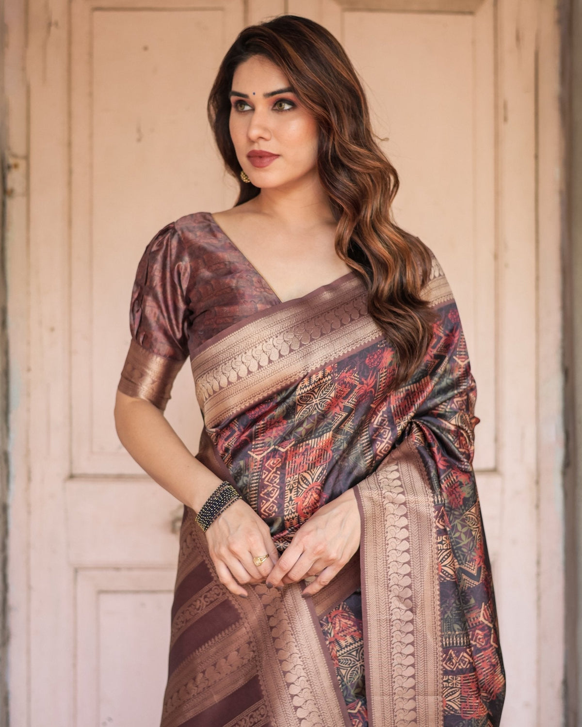 Rich Chocolate Banarasi Silk Saree with Geometric Print and Zari