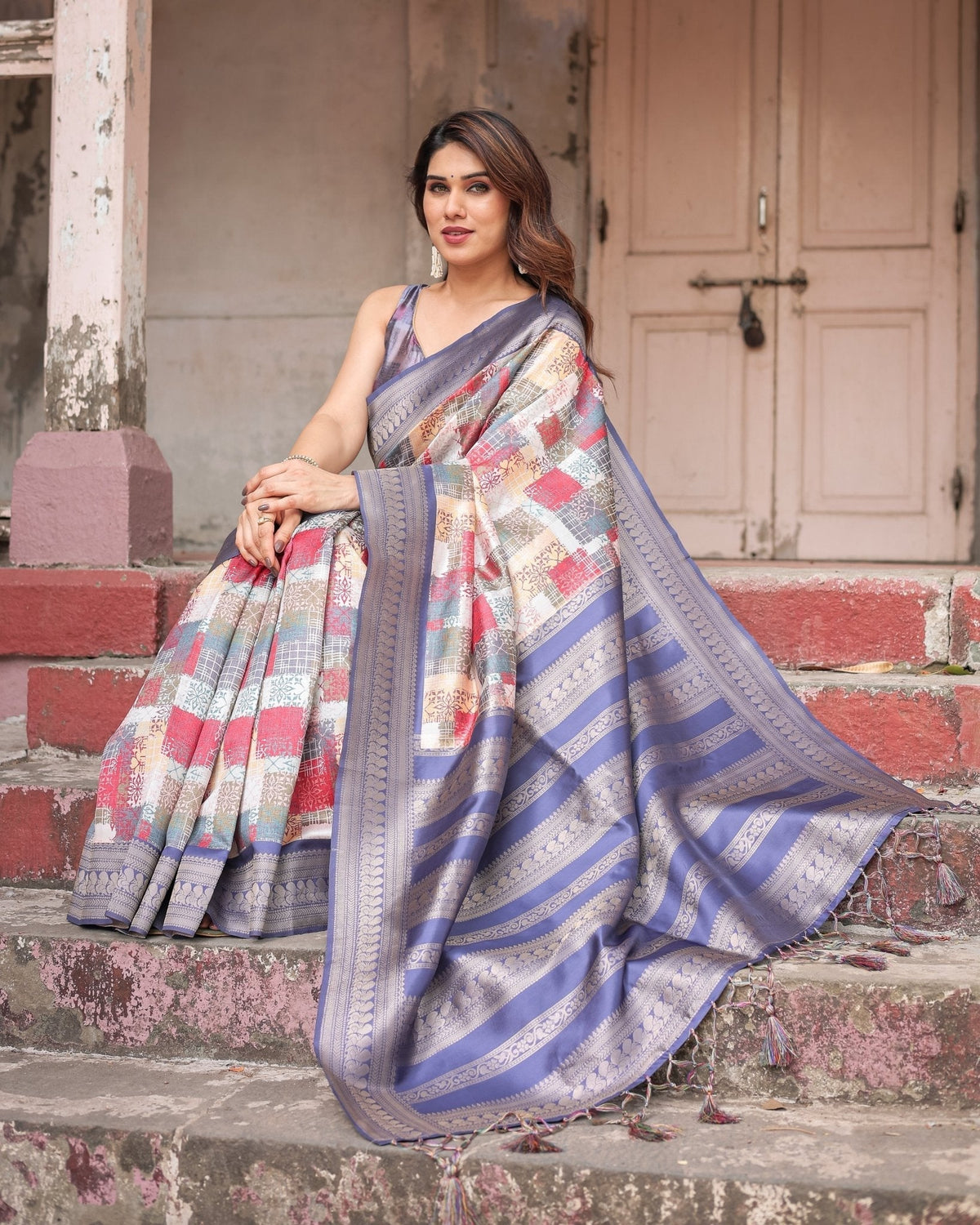 Multicolor Banarasi Silk Saree with Abstract Checkered Print &