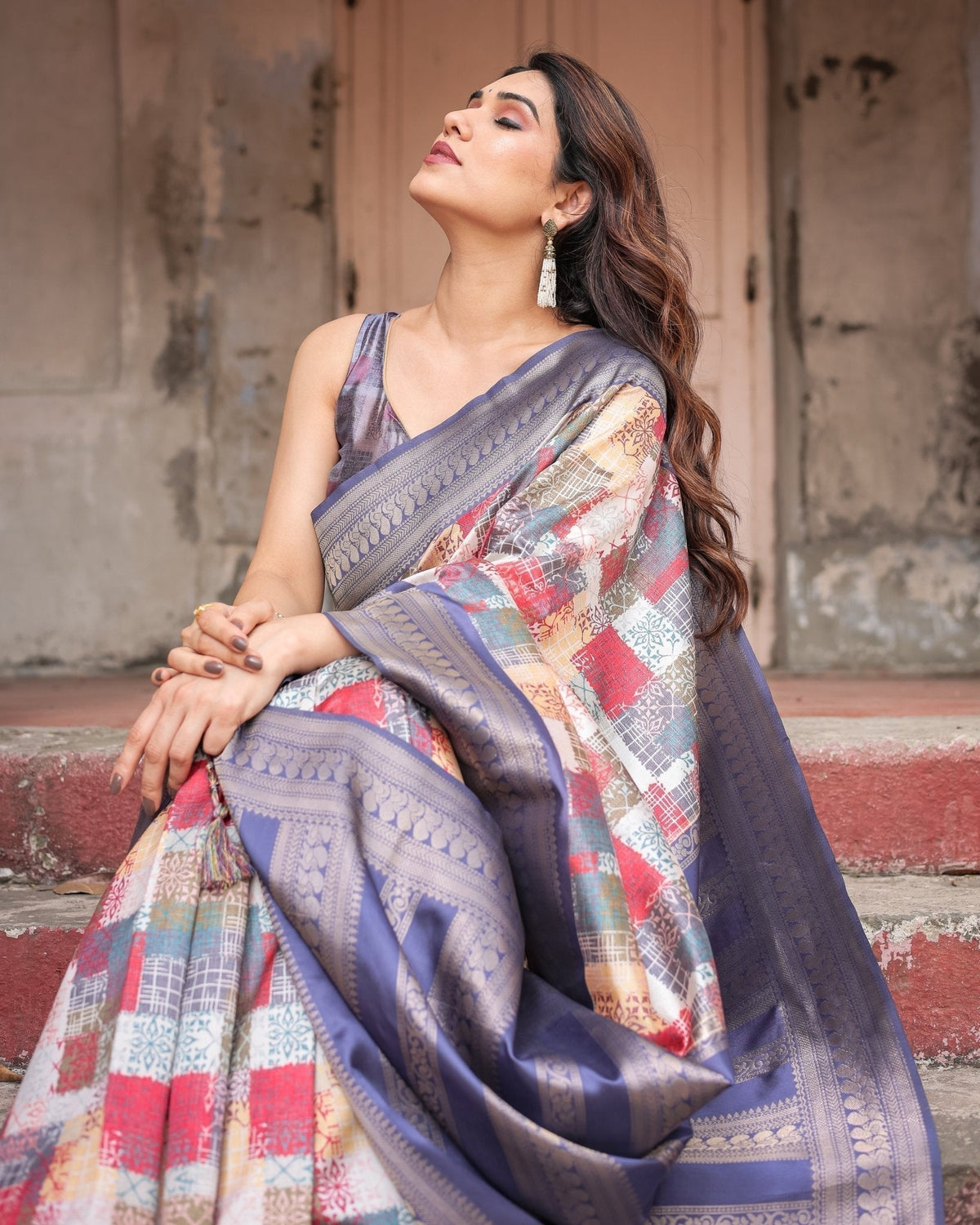 Multicolor Banarasi Silk Saree with Abstract Checkered Print &