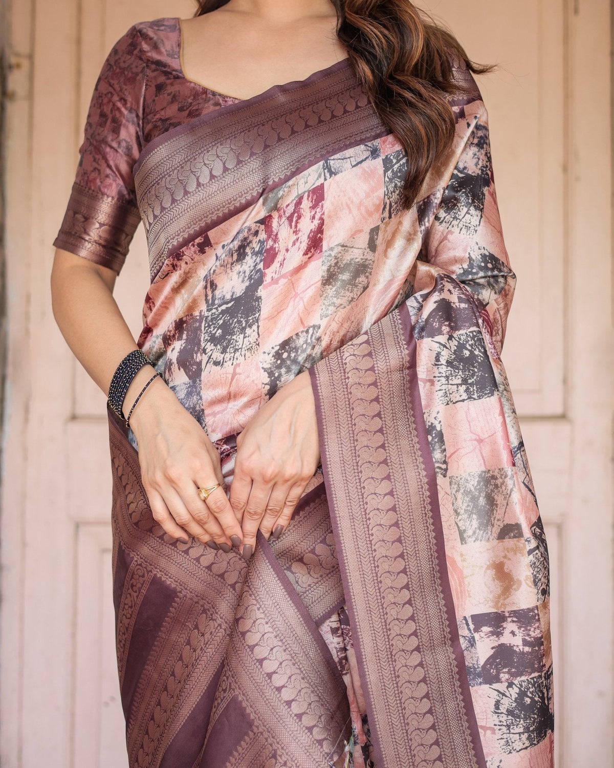 Mauve Banarasi Silk Saree with Abstract Checkered Digital Print & Zari