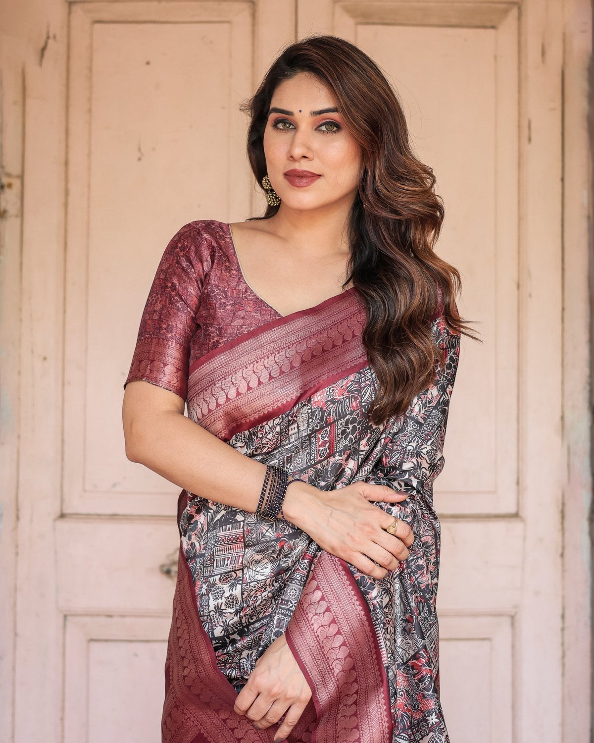 Black and Red Banarasi Silk Saree with Geometric Print and Rich Zari