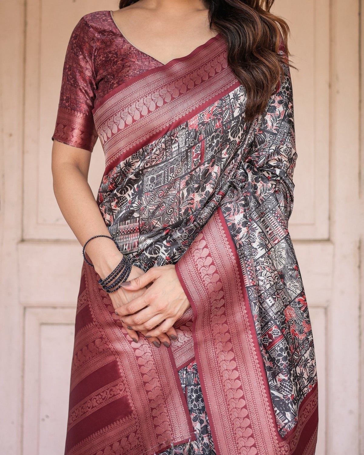 Black and Red Banarasi Silk Saree with Geometric Print and Rich Zari