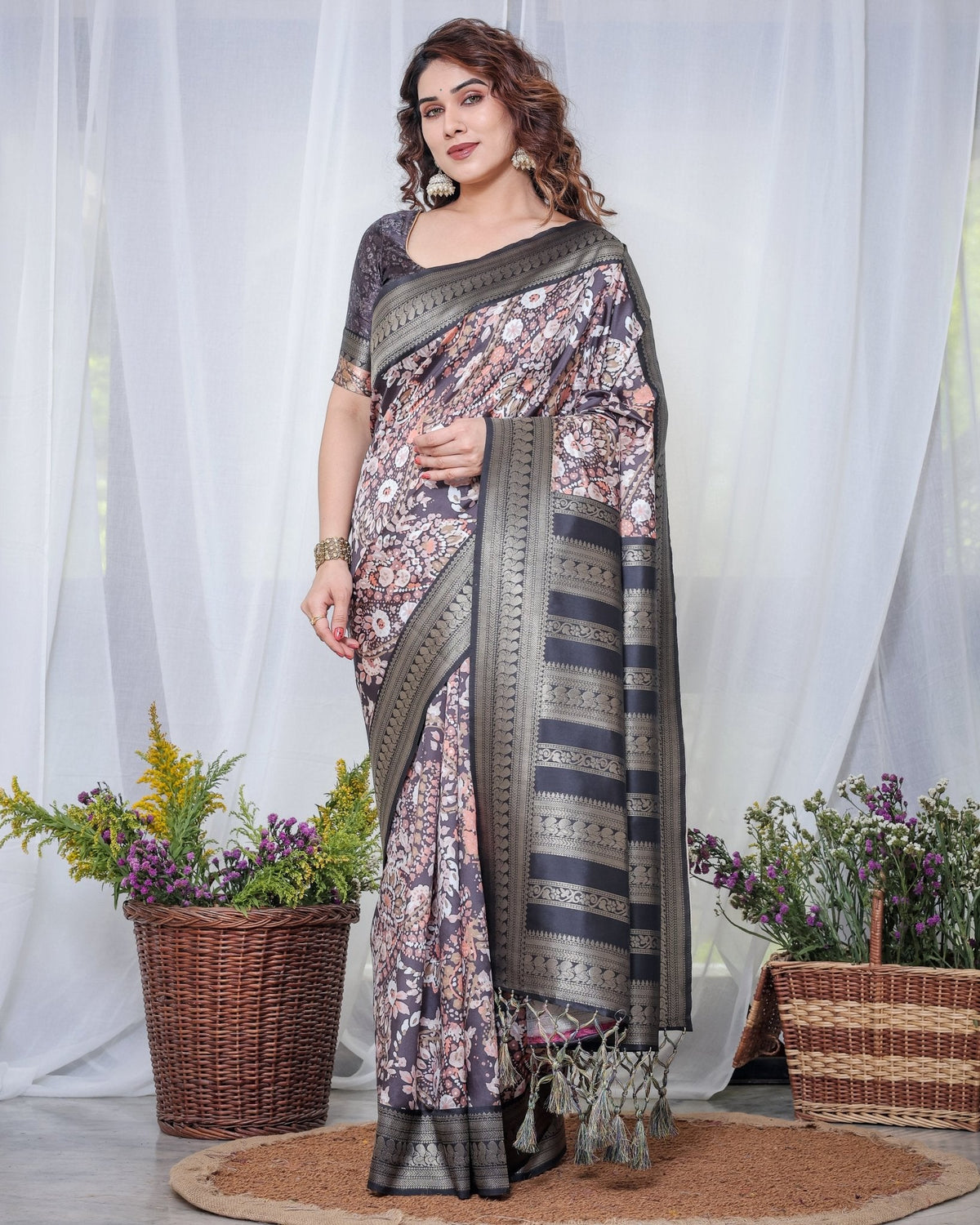 Exquisite Black and Pink Floral Banarasi Silk Saree with Intricate